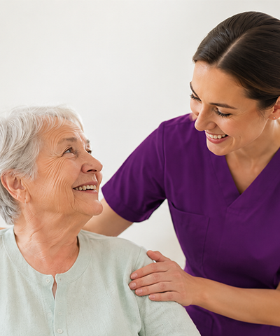 Eine lächelnde Pflegekraft betreut eine Seniorin.