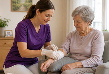 Eine qualifizierte Pflegekraft von PflegeWIR übernimmt den professionellen Verbandswechsel bei einer Seniorin zu Hause.