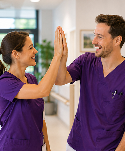 Eine Pflegekraft gibt einem Kollegen gut gelaunt ein High-Five