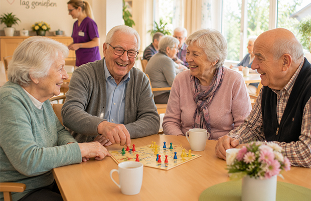 Senioren beim gemeinsamen Brettspiel auf den großzügigen Gemeinschaftsflächen im betreuten Wohnen in Neuhaus am Rennweg.