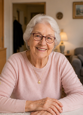Eine zufriedene und glücklich lächelnde Seniorin berichtet von ihren positiven Erfahrungen mit dem Pflegedienst PflegeWIR.