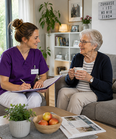 Eine Mitarbeiterin bespricht individuelle Alltagshilfen mit einer Seniorin auf dem Sofa im betreuten Wohnen.