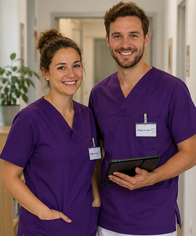 Zwei lächelnde Pflegekräfte im violetten Kasack stehen mit einem Tablet im Flur und repräsentieren das Team von PflegeWIR.