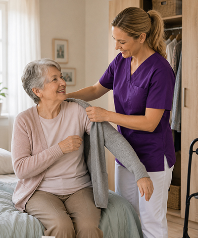 Eine Pflegekraft hilft einer Seniorin beim Anziehen einer Strickjacke.